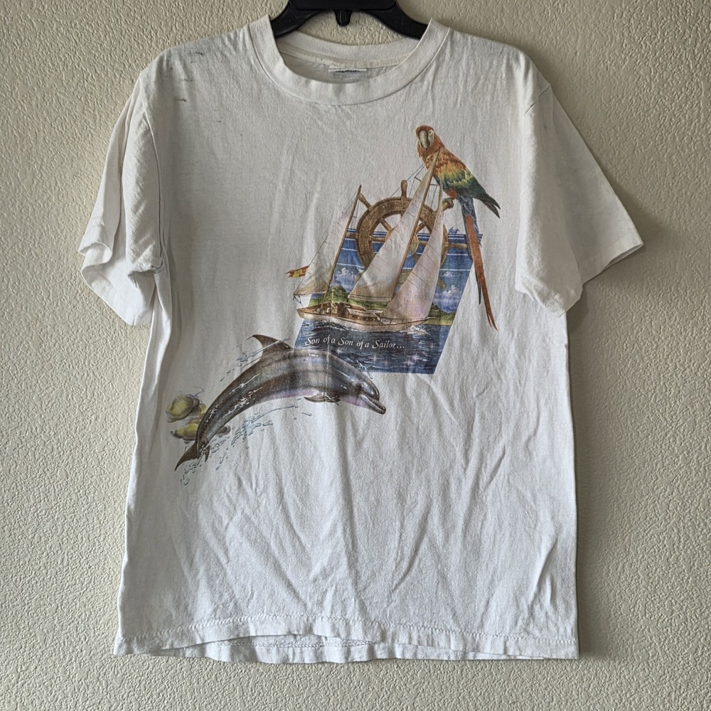 Vtg Thrashed 90's Caribbean Soul Parrots Dolphin Palm Jimmy Buffet Shirt Lg